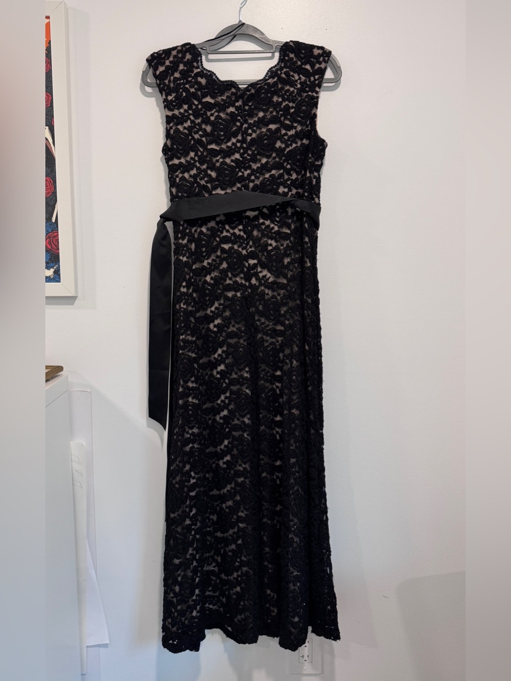 R & M Richards Black Lace Maxi Dress with Satin Sash 12P